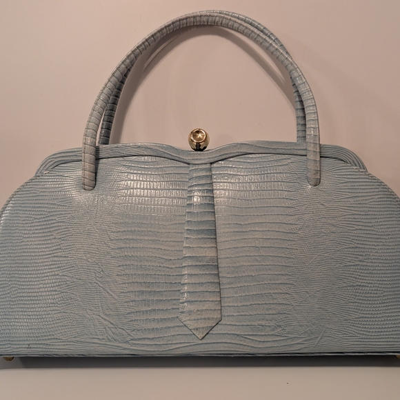 None Handbags - Structured Light Blue Textured Top-Handle Satchel
